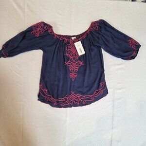 NWT Paysette St Barth Navy Embroidered Peasant Top - Size M